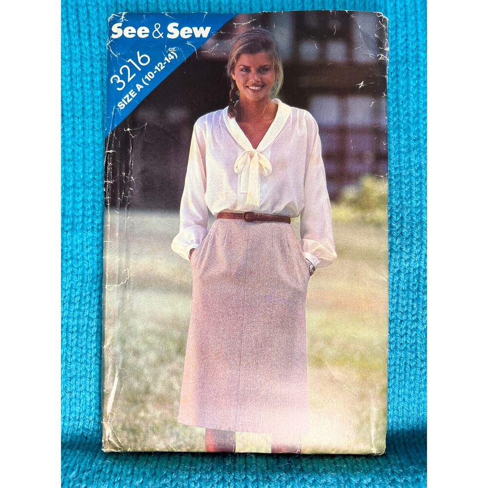Butterick 3216 pattern blouse kitten bow midi pencil skirt 1980s size 10 12 14